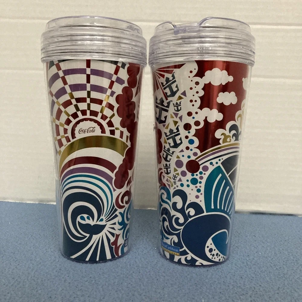 Royal Caribbean Cruise Lines Whirley Coca-Cola Drink Cup Tumbler w/Lids-Lot of 2